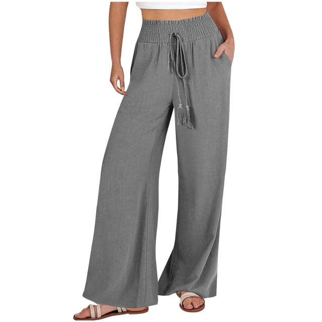 FNFYFH Clearance Women's Plus Size Linen Pants Elastic Waist Solid Color