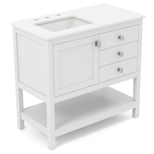 Gymax Bathroom Vanity Unit with Basin featuring an extra wide granite countertop and ceramic sink. The white vanity includes two sliding drawers, a mock drawer, a cabinet, and an open shelf for ample storage. Pre-drilled faucet holes and soft-close hinges enhance functionality. Dimensions: 36'' x 19'' x 34''.
