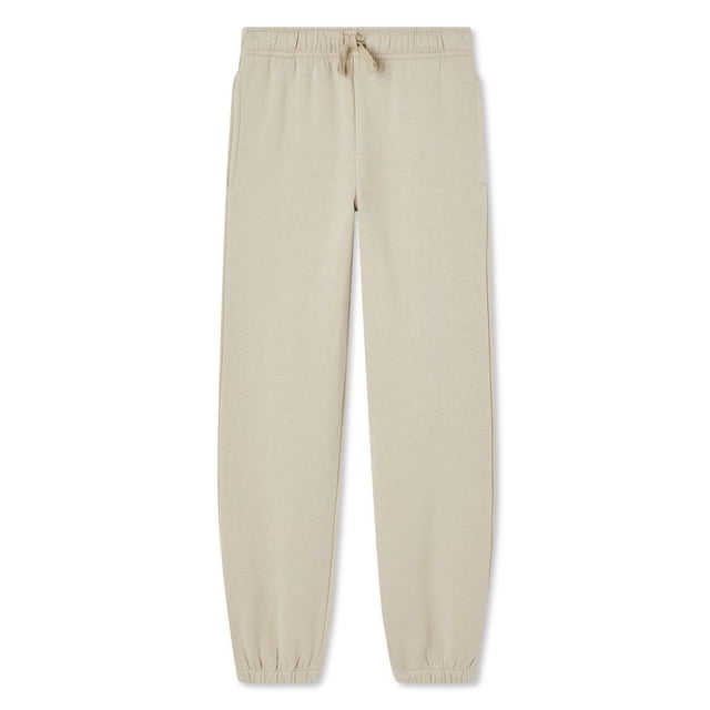 George Boys' Fleece Jogger in beige with elasticized waistband, adjustable drawstring, two on-seam pockets, and elasticized cuffs. Made from soft brushed back fleece cotton blend, ideal for comfortable casual wear and boys' activewear bottoms.