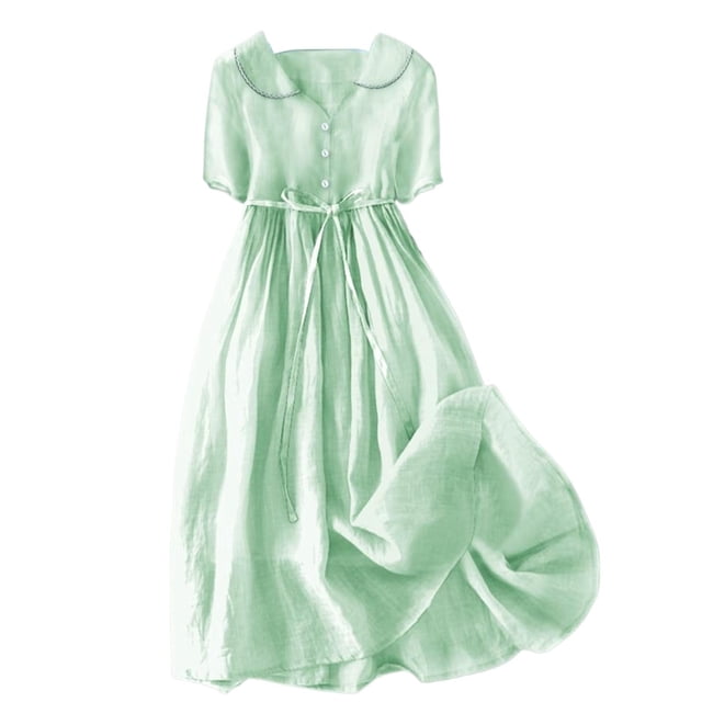 WTXUE Robe Grande Taille, Robe Décontractée pour Femme en Coton et Lin Uni Rétro à Boutons et Col en V, Robe en Lin, Robe Verte, 3# Vert 3TG