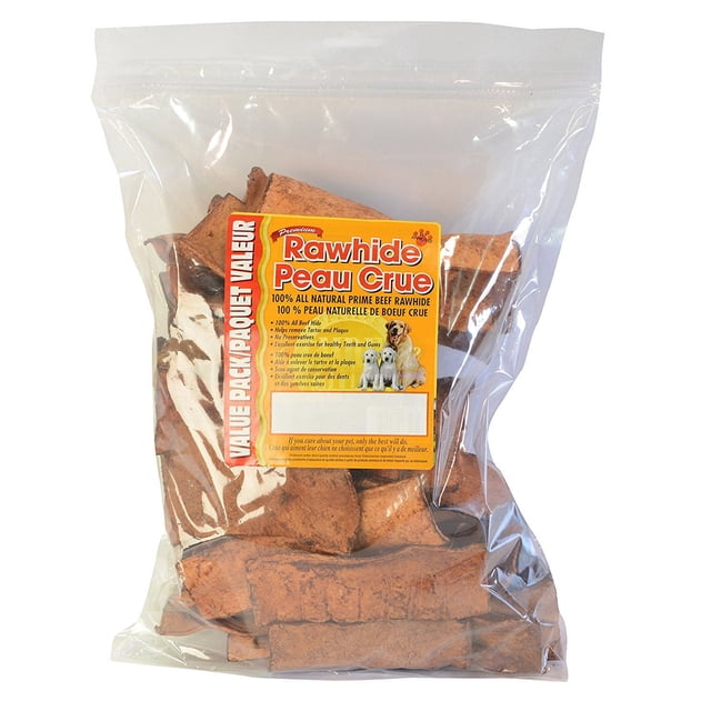 Masters Best Friend Beef Flavor Rawhide Strips Dog Treats in a clear resealable bag containing multiple brown natural beef hide chews, grain and gluten free, low fat, designed to help clean teeth and control tartar for healthy dental hygiene in dogs.