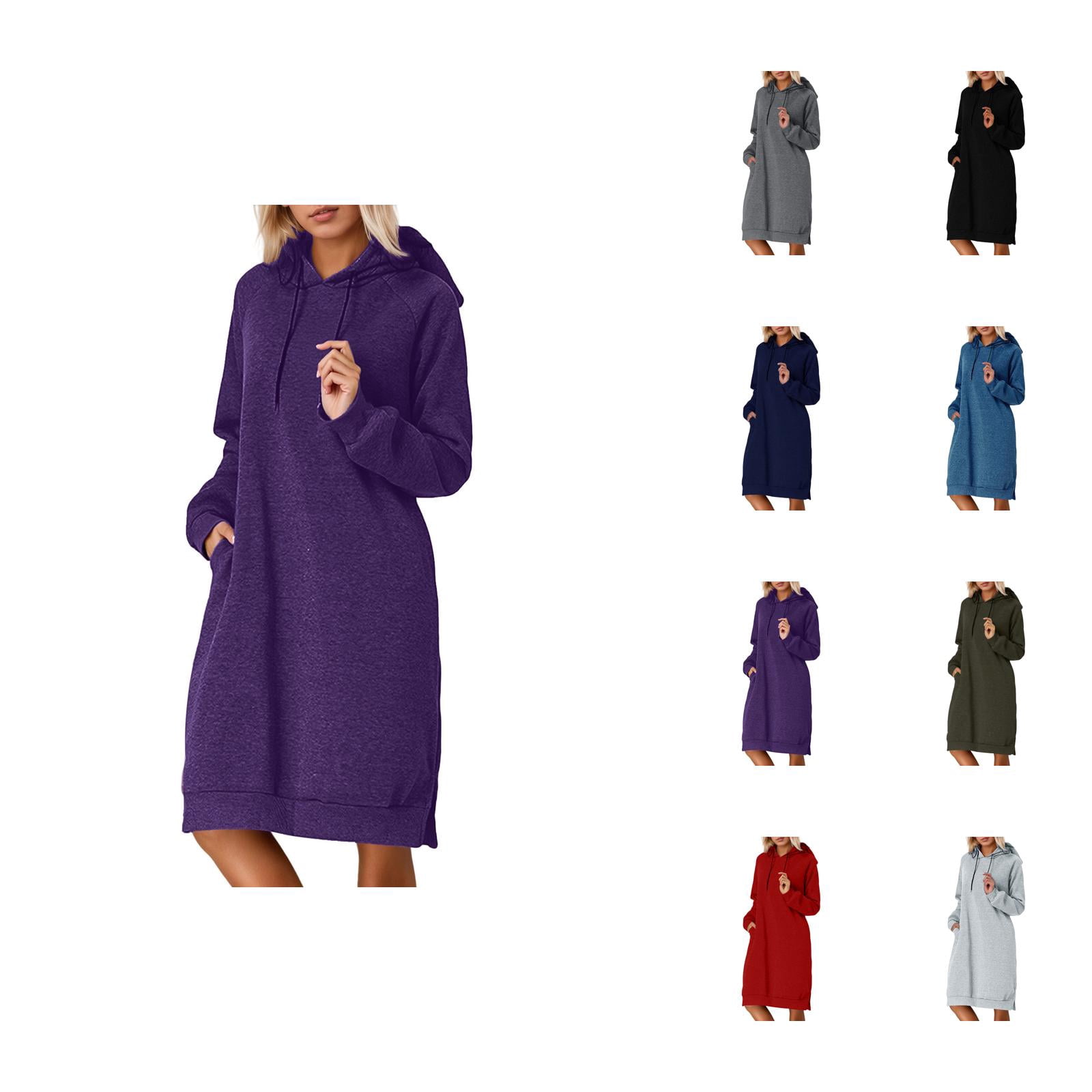 Longs Chandails à Capuchon pour Femmes 2025 Manches Longues Ourlet Fendu Robe à Capuchon Unie avec Poches Chandail à Capuchon pour Femmes