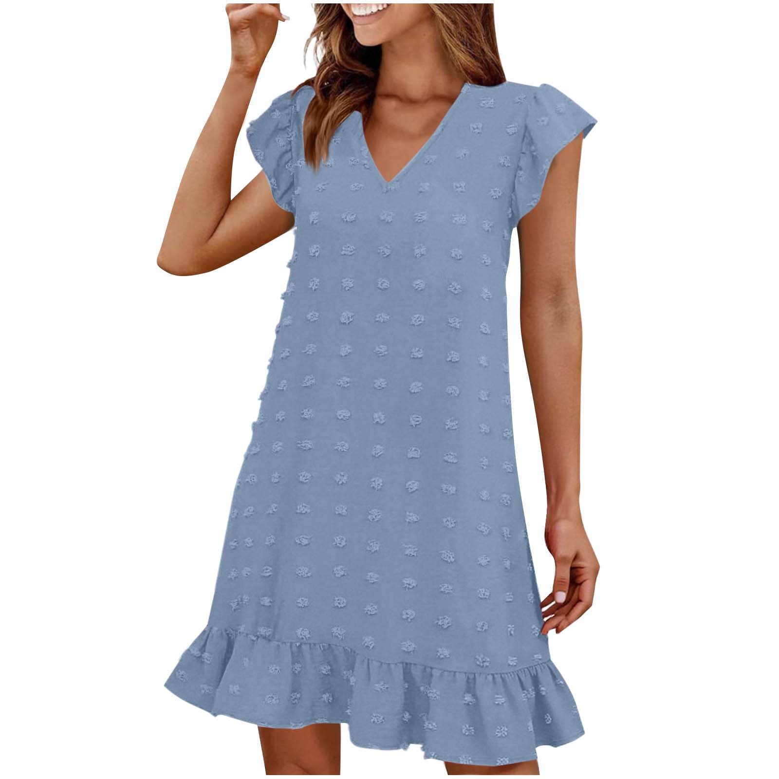 LOVZFMLL Robes d'Été pour Femmes 2025 Col en V Manches Courtes Volantées Ourlet à Volants Robe Smock Mini Décontractée Plage Vacances Vêtements pour Femmes Bleu m
