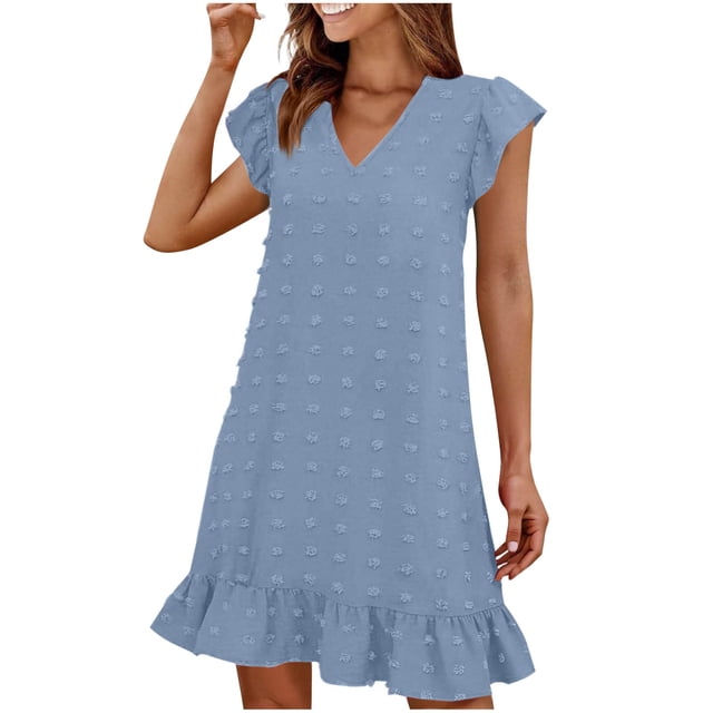 LOVZFMLL Robes d'Été pour Femmes 2025 Col en V Manches Courtes Volantées Ourlet à Volants Robe Smock Mini Décontractée Plage Vacances Vêtements pour Femmes Bleu P