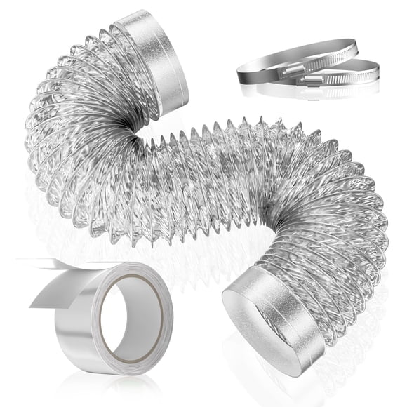 HOOMESUN Boyau d'Aération de Sécheuse 4 Pouces 5 Pieds Extra Épais, Robuste, Flexible, Tuyau d'Évacuation, Gaine Isolée en Papier D\'aluminium pour Espace Étroit, Trousse de Conduites CVC avec 2 Pinces et 1 Ruban