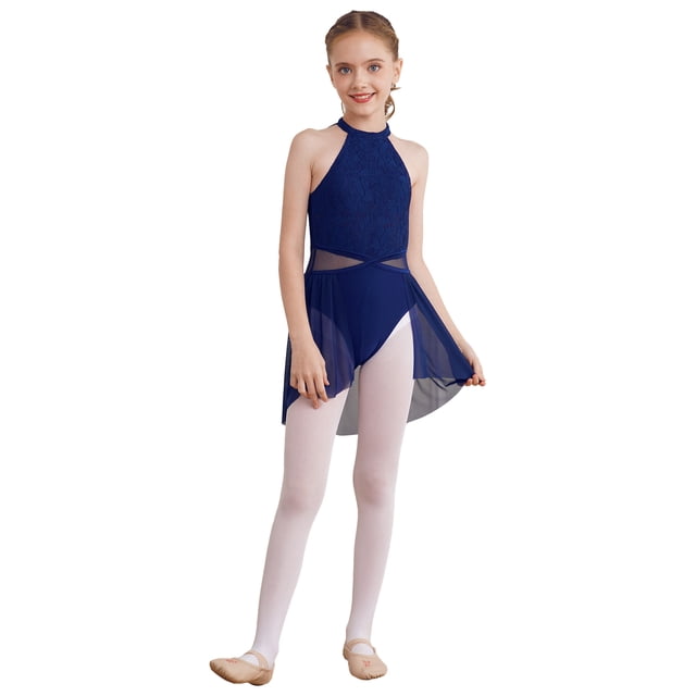 Runhomal Justaucorps-Robe de Ballet Sans Manches en Dentelle Florale pour Filles Enfants, Robe de Danse Lyrique Latine Jazz Moderne Contemporaine, Tenue de Danse Bleu Foncé 10