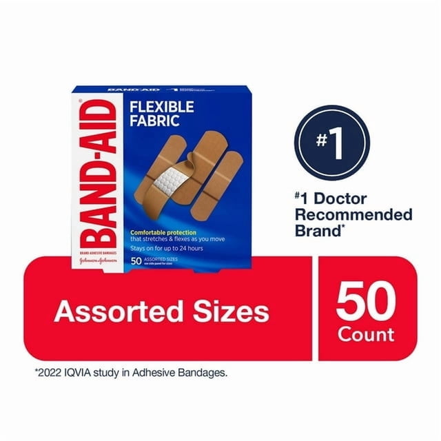 Band-Aid Brand Flexible Fabric Adhesive Bandages for minor wound care, 50 count in assorted sizes. The packaging highlights the #1 doctor-recommended brand, with a blue and red design showcasing the flexible fabric bandages. These bandages feature MEMORY WEAVE® fabric for flexibility and air channels for wound protection, ensuring they stay in place and allow for gentle removal.