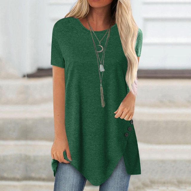 Wolfast T-Shirts Grande Taille pour Femmes Bouton Solide Col Rond Manches Courtes T-Shirt Irrégulier Blouse Tops Manches 3/4 T-Shirts pour Femmes