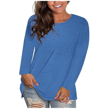 yoeyez Womens Tops Dressy Casual Plus Size Top for Women Long Sleeve Round Neck Tee Solid Color Trendy Fitted Tunic TShirts Spring Clothes Blue XXL