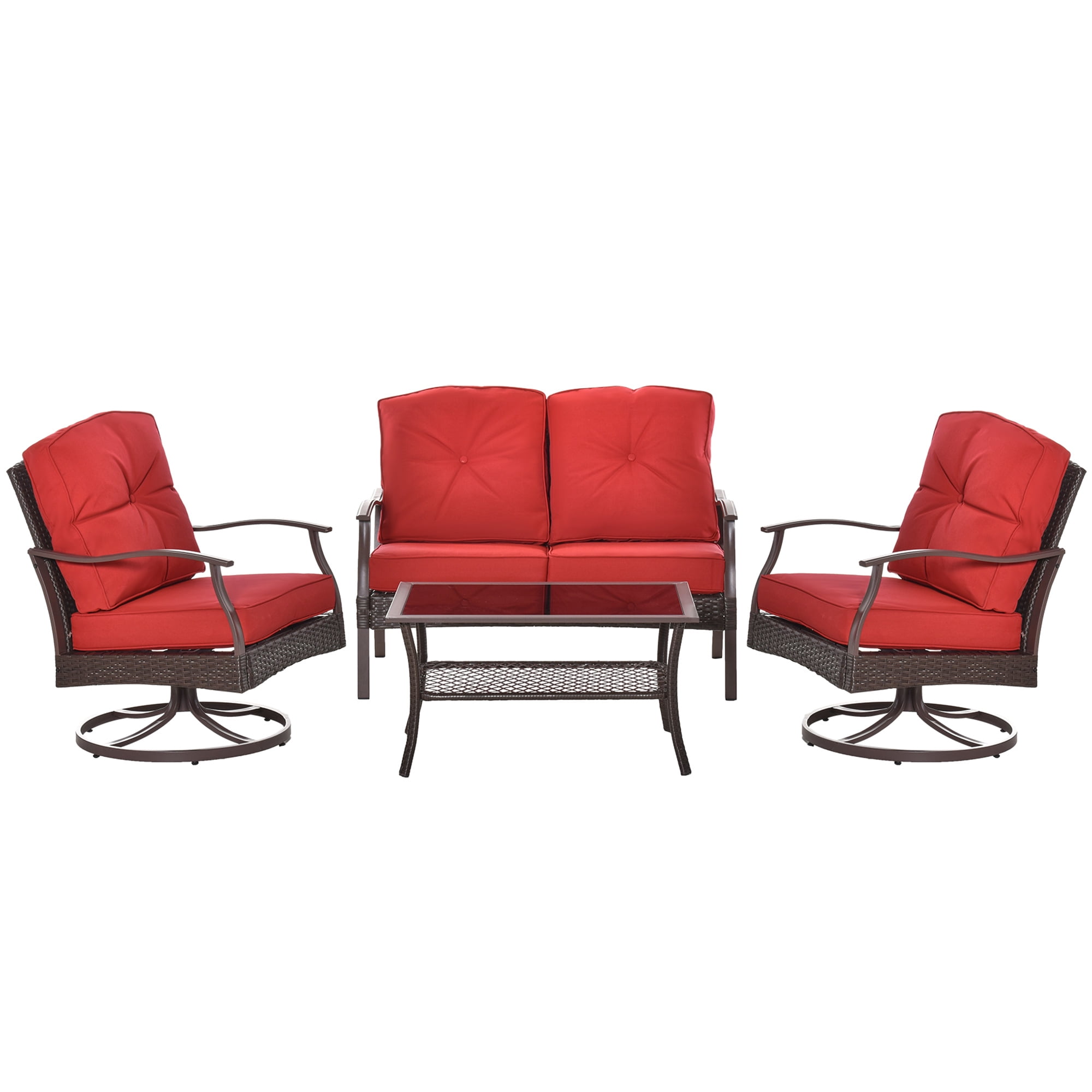 Outsunny Ensemble de Mobilier de Patio en Rotin 4 Pcs avec Coussins, Dessus de Table en Verre Rouge