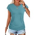 thumbnail image 2 of T-shirts d'Été pour Femmes Froncés à Manches Courtes Style Cap, T-Shirts à Col Rond, Mode Bleu Paon TTG, 2 of 7