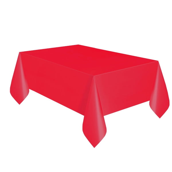 Ravishing Red Solid Rectangular Plastic Table Covers, 3ct showing a front angled view of a bright red rectangular plastic table cover with smooth, wrinkle-free surface, ideal for disposable use at parties, picnics, and events as part of table linens and party tableware.
