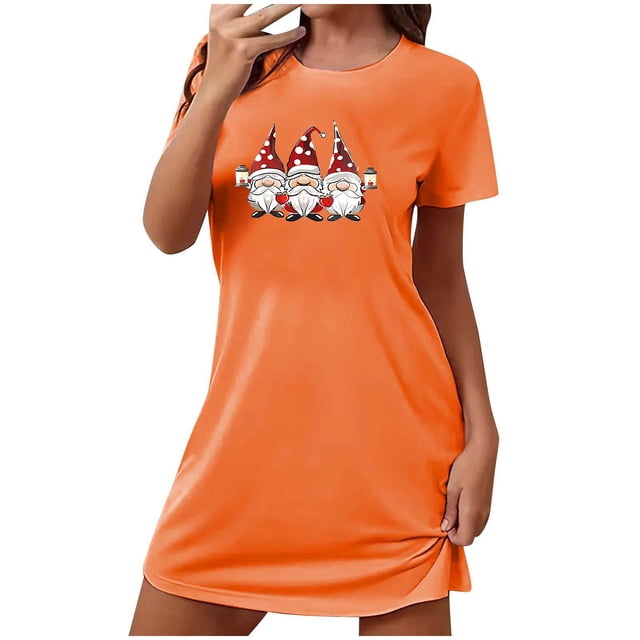 Levmjia Nuisettes en Coton pour Femmes à Manches Courtes, Vêtements de Nuit Doux d'Été, Confortables, Coupe Ample, Robe de Nuit Imprimée à Col Rond pour Grande Taille, Pyjamas Décontractés pour la Maison