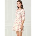 thumbnail image 4 of Unique Bargains Robe Courte à Étages pour Femme à Imprimé Floral, Col Noué, Manches 3/4, 4 of 6