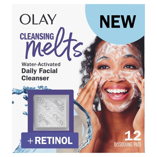 Olay Cleansing Melts + Retinol Face Wash packaging featuring 12 water-activated dissolving pads for daily facial cleansing, with water splash graphics and a person applying the cleanser to their face.
