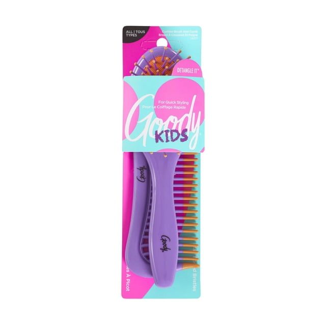 Goody Ensemble de Brosses pour Enfants pour un Coiffage Sans Effort - 2 Unités avec une Brosse Démêlante Coussin Violette Comprenant des Poils Flexibles à Pointe Orange et un Peigne Violet Assorti, Conçu pour Tous les types de Cheveux et un Coiffage Rapide, Montré sur une Carte de Marque Rose et Bleue, Convient au Démêlage et au Coiffage Quotidiens.