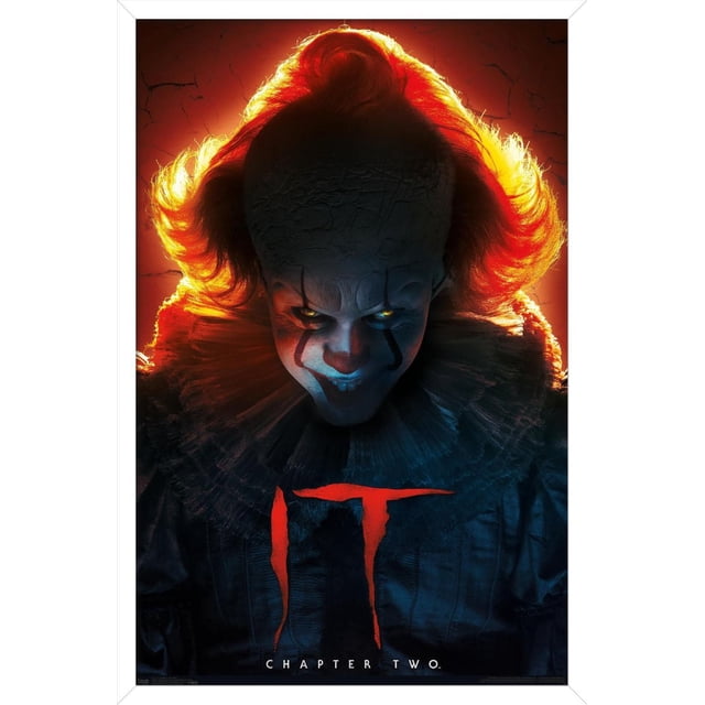 IT: Chapter 2 - Evil Glow Wall Poster, 22.375" x 34" depicting a dark figure with fiery red hair glowing from behind against a cracked orange background, wearing a detailed ruffled collar and dark textured costume, with the red 'IT' logo and 'Chapter Two' text below, suitable for horror-themed wall art in bedrooms or offices.