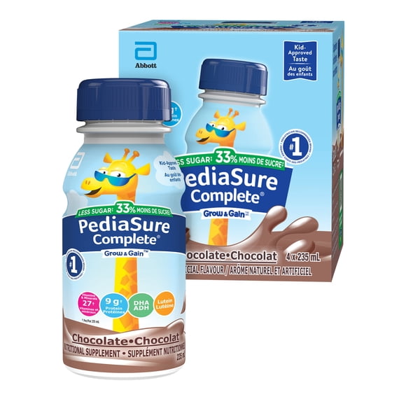 PediaSure Complete® à Teneur Réduite en Sucre, Supplément Nutritionnel, 4x235mL, Bouteilles au Chocolat