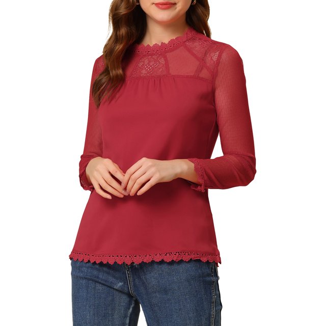 INSPIRE CHIC Blouses Décontractées pour Femmes à Col Rond en Dentelle Florale à Manches Longues en Chiffon Hauts S Rouge