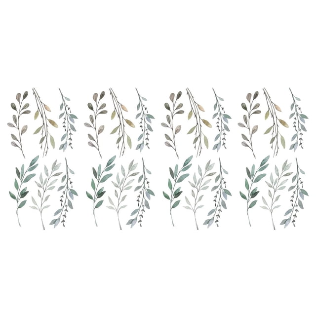 RoomMates Country Leaves peel and stick wall decals with watercolor-style branches in soft green, brown, and blue shades for rustic home decor.