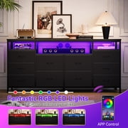 Cherish 10 Drawer Dresser TV Stand for 65 70 75 Inch Tv, 63" W Long Fabric Dresser Entertainment Center, Chest of Drawers for Bedroom with Led Lights & Power Outlets