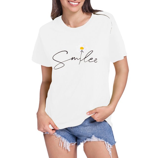 LUOGENLI T-shirts pour Femmes Motif Tournesol Col Rond Manches Courtes T-shirts Graphiques Été Blanc TTTG
