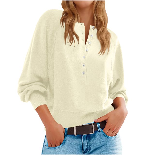 Longs Chandails pour Femmes Mode pour Femmes Col Rond à Boutons Manches Longues Hauts Unis Chandail à Enfiler Chandail Tendance et Confortable Vêtements d'Hiver Chandails d'Hiver pour Femmes