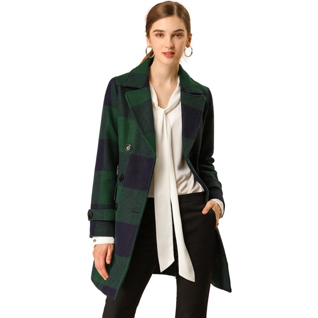 INSPIRE CHIC Manteau à Carreaux à Double Boutonnage avec Revers Cranté pour Femmes