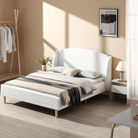 Homy Casa Queen Boucle Upholstered Platform Bed Frame with Curved Headboard, Wood Slats, Robot Vacuum Clearance, White