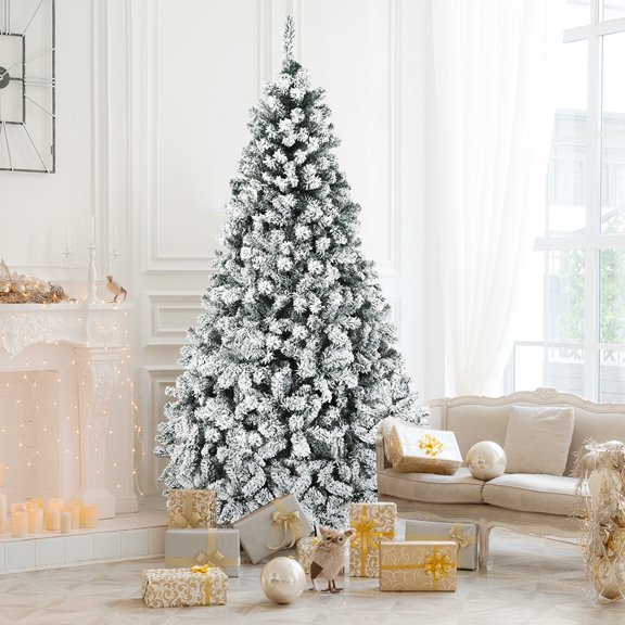 Gymax 7.5 FT Pre-Lit Christmas Tree Snow Flocked Hinged Pine Tree w/ Metal Stand