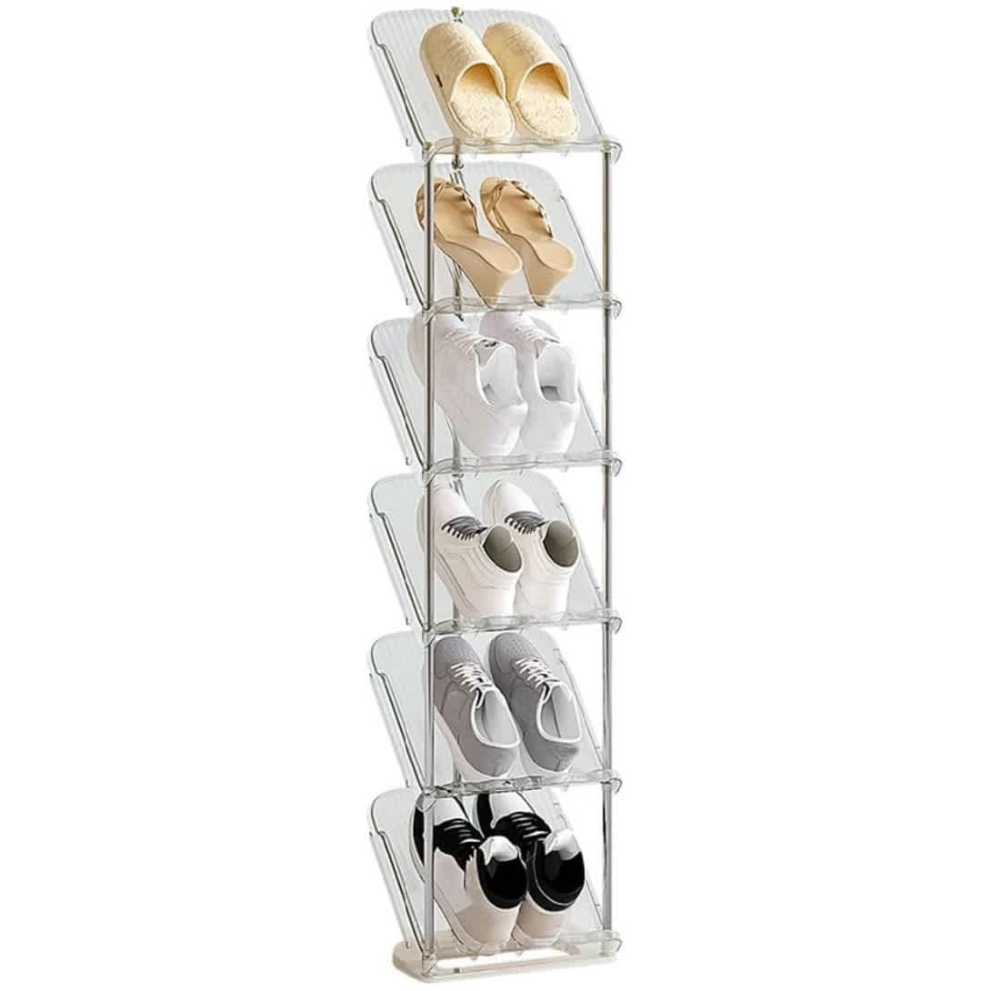 Ourlova Sloping Narrow Shoe Rack 6 Tier Transparent Tall Shoe Storage Rack Shoe Slot Vertical Shoe Rack Shoe Stand Shoe Shelf Slim Tall Shoe Rack For Narrow Space Hallway Entryway Corner