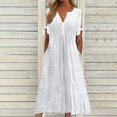 thumbnail image 2 of Kcodviy Robe Décontractée Plissée pour Femme Robe d'Été Unie en Dentelle Ajourée à Boutons Robe Midi Froncée Robe avec Poches Robe Courte à Nœud Robe Portefeuille pour Femme Manches d'Été Robe Midi à Col en V pour Femmes Robe d'Été, 2 of 5