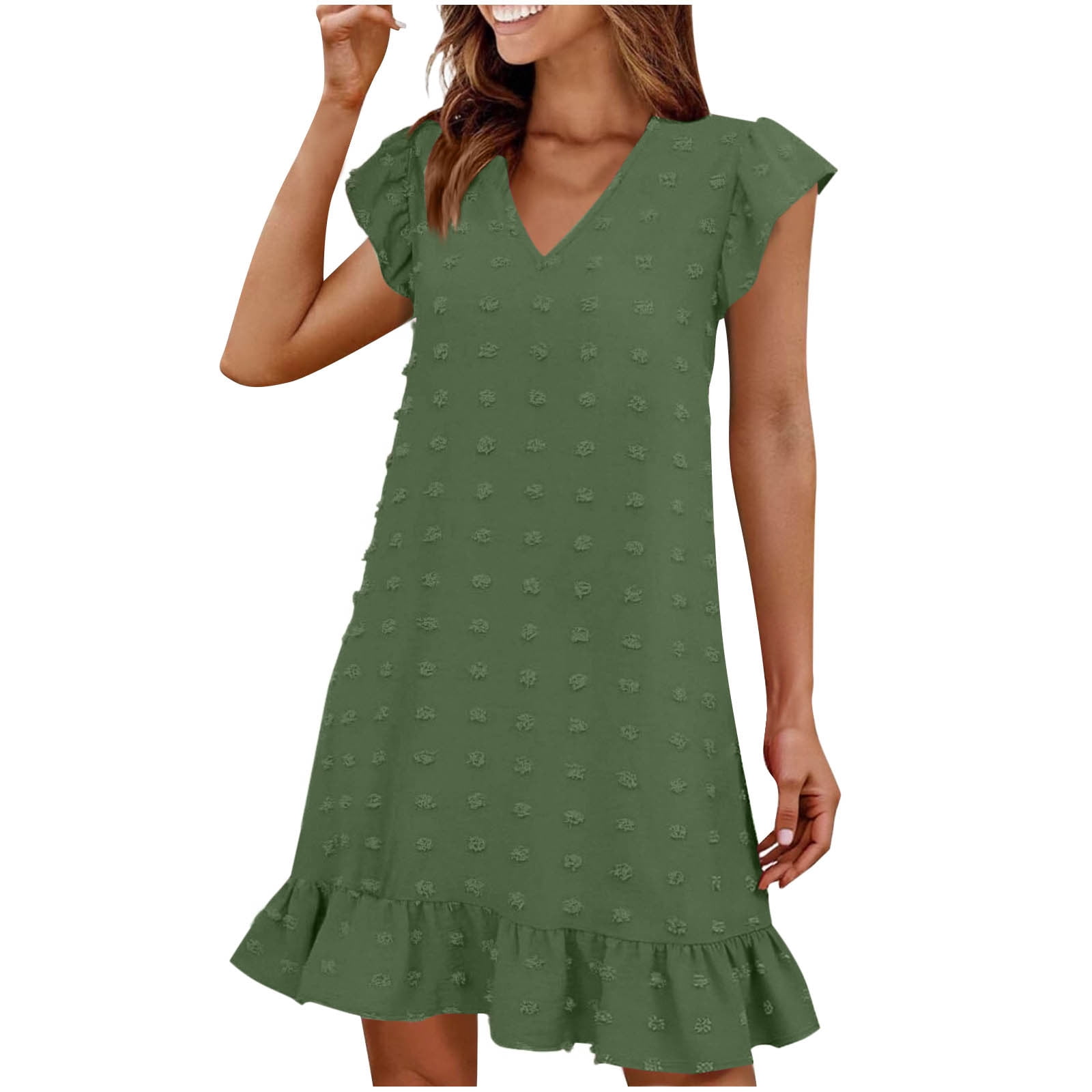 LOVZFMLL Robes d'Été pour Femmes 2025 Col en V Manches Courtes Volantées Ourlet à Volants Robe Smock Mini Décontractée Plage Vacances Vêtements pour Femmes Vert m