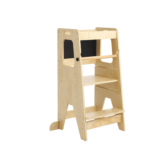 Wooden Kids Kitchen Step Stool with Blackboard & Safety Rails | Adjustable Montessori Learning Helper for Toddlers | Perfect for Bathroom & Kitchen Use, Natural