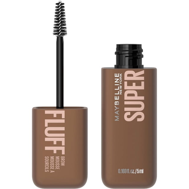 Maybelline Superfluff Brow Mascara in a brown rectangular bottle with black screw cap and spoolie brush, featuring an airy volumizing mousse formula for soft, full eyebrows with up to 16-hour wear, flake-resistant and stiff-resistant, ideal for filling and fluffing sparse brows.