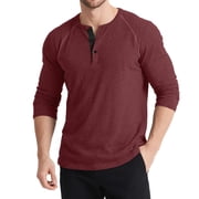 Lmnyox Chemise manches longues homme Vintage Casual Col d'équipage Bouton T Shirt Solid Basic Texture Pullover Tee