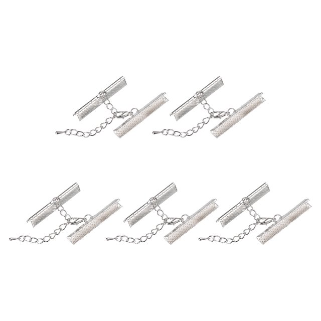 10Set Ribbon Crimp Clamp Ends Lobster Claw Clasps & Chain 40mm Silver Tone for DIY