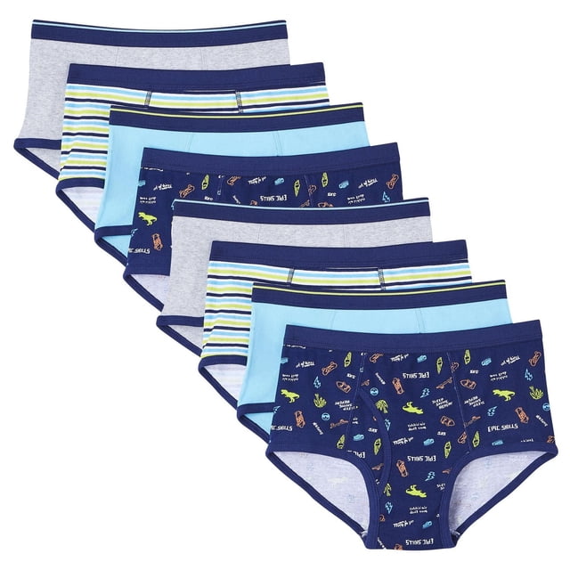 George Caleçons Courts pour Garçons, Lot de 8, en Couleurs et Motifs Assortis, Incluant Bleu Pâle Uni, Gris, Bleu et Vert à Rayures, et Bleu Marine avec Imprimés Graphiques, Tous avec Ceintures Élastiques et Trous pour les Jambes, Faits de 100 % Coton pour un Confort au Quotidien.