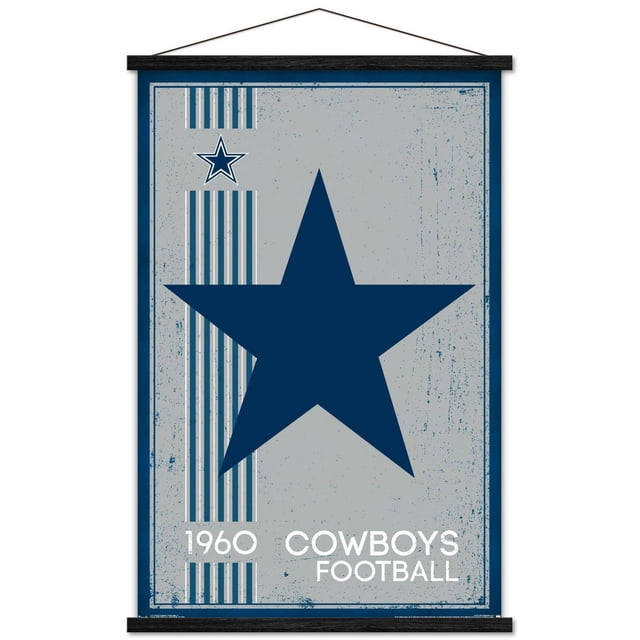 NFL Dallas Cowboys - Affiche Murale Logo Rétro 14, 22,375 Pouces x 34 Pouces Mettant en Vedette une Grande Étoile Bleu Marine sur un Fond Gris Vieilli avec des Rayures Verticales Bleues et Blanches sur la Gauche, une Petite Étoile Esquissée au-Dessus, et le Texte Blanc « 1960 Cowboys Football » au Bas, Encadrée en Bois Noir avec un Accroche-Dents, Convient à la Déco de Maison Ou de Bureau à Thème Sportif.