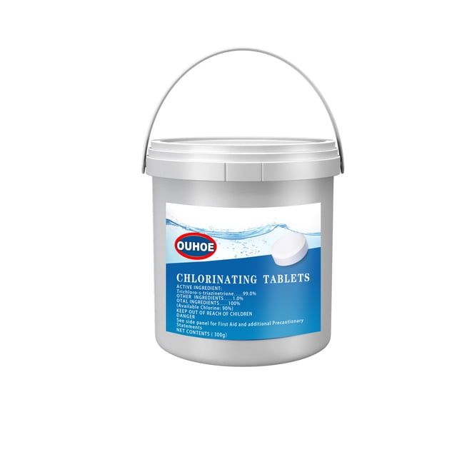 Sales Today Clearance! 300pc JIASEN Pool & Spa Chlorine Tablets in a white bucket with a blue label, designed for maintaining clear and clean pool water. These long-lasting chlorine tablets control algae growth, restore crystal clarity within 24 hours, and are suitable for villa pools, spa pools, indoor pools, and outdoor pools. The tablets dissolve quickly, are safe for the environment and wildlife, and can be used with dosing pumps or evenly distributed in the pool.