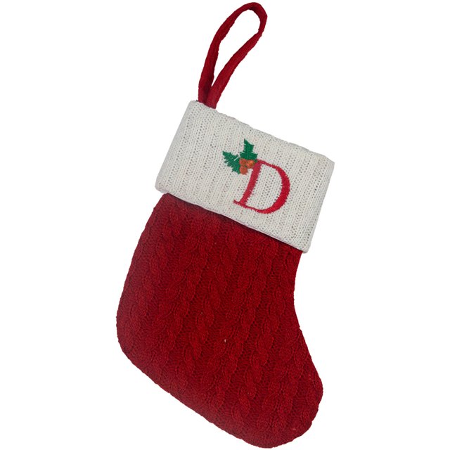 Fridja Christmas Mini Stockings Sock Decoration Tableware Holders, 8 Inches Initial Monogram Tableware Candy Pouch Bag with knit cuff in red featuring the letter 'D' embroidered with holly accents. Perfect for Christmas stockings, indoor decorations, and holiday displays on mantels, trees, or dinner tables.