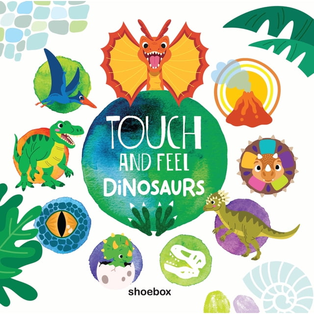 Couverture de Livre de Non-Fiction TOUCH FEEL DINO Juvénile Mettant en Vedette des Dinosaures de Dessin Animé Colorés Incluant un Ptérosaure Rouge avec des Ailes Qui Se Déploient, un T-Rex Vert, un Tricératops Éclosant d'Un Oeuf, et un Stégosaure, Entourés d'Yeux de Dinosaure, d'Empreintes de Pas, d'Un Volcan et de Feuilles, Mettant l'Accent sur des Éléments Tactiles et Interactifs pour Jeunes Lecteurs.