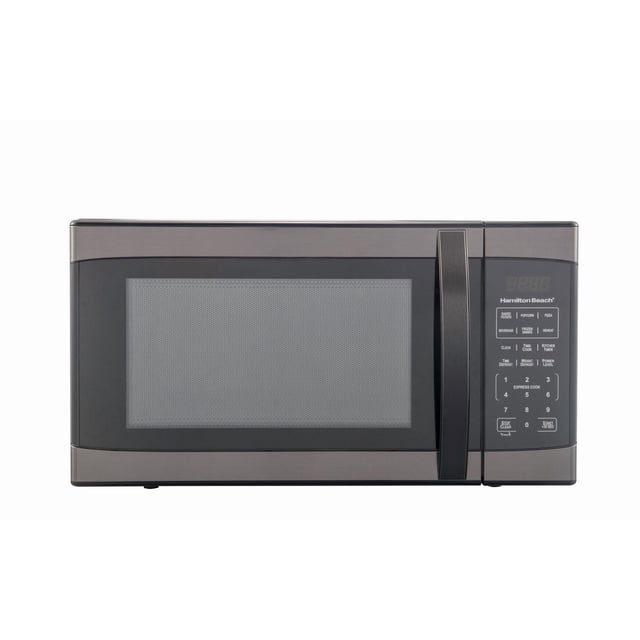 Hamilton Beach Microwave 1.1 cu ft Stainless Steel countertop microwave with black stainless steel finish, front-facing door with tinted window, vertical handle, and LED control panel featuring 10 cooking levels and one-touch functions for popcorn, potato, pizza, frozen dinner, reheat, and defrost. Suitable for efficient everyday cooking in compact kitchens.