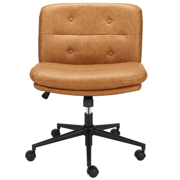 Chaise Croisée, Chaise de Bureau pour s'Asseoir en Tailleur, Chaise de Bureau Sans Accoudoirs avec Roulettes, Chaise Pivotante pour Coiffeuse, Siège Élargi, Hauteur Ajustable, Brun