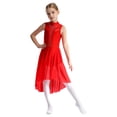 thumbnail image 2 of RUNQHUI Robe de Danse Ballet à Sequins pour Filles, Robe de Patinage Artistique Sans Manches Ourlet Irrégulier en Maille Rouge 6, 2 of 7