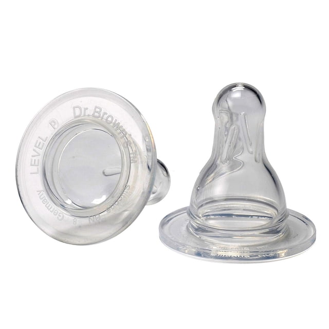 Dr. Brown's Standard Silicone Nipple Preemie Flow 2-Pack featuring two clear, super-soft silicone nipples with a narrow design and internal vent system for slow, vacuum-free feeding, reducing colic and fitting all Dr. Brown’s narrow bottles.