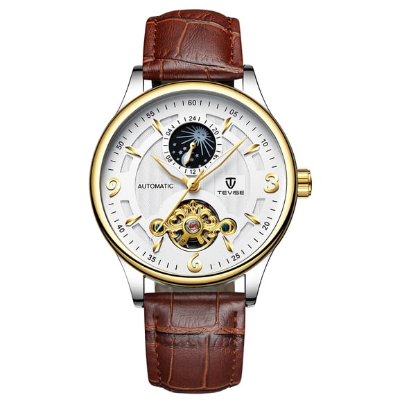TEVISE TEVISE Men's Automatic Mechanical Watch with Luminous Dial, Waterproof Leather Strap, Suitable for Business and Casual Wear, Silver Finish