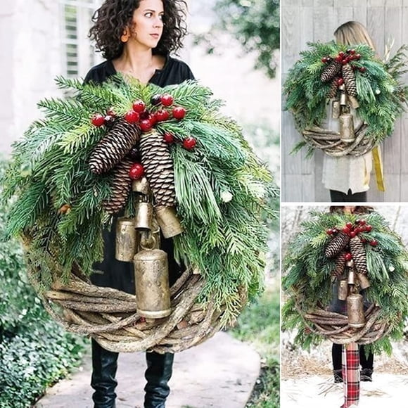 Farmhouse Christmas Wreath Boho Holiday Wreath, 15.7'' Xmas Tree Hanging Garland, Artificial Golden Bell Wreath, Handmade Pine Ring Pinecones Grapevine Wreath, Country Festival Celebration Xmas Decor