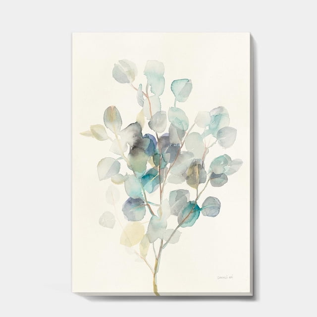 Designart Eucalyptus leaves I Canvas Wall Art centered front-facing gallery-wrapped canvas showing eucalyptus sprigs with blue-gray painted leaves on a white background, stretched over a 1 inch or 1.5 inch wood subframe on premium cotton canvas, arrives ready to hang; traditional farmhouse floral cottage decor, often used to style entryways or living rooms.