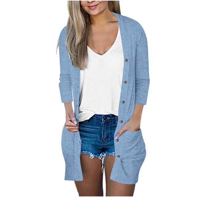 Womens Soft Button Down Cardigan Long Sleeve Light Weight Shirts Jacket Comfy Loose Fall Lounge Wear Tops Blue, M